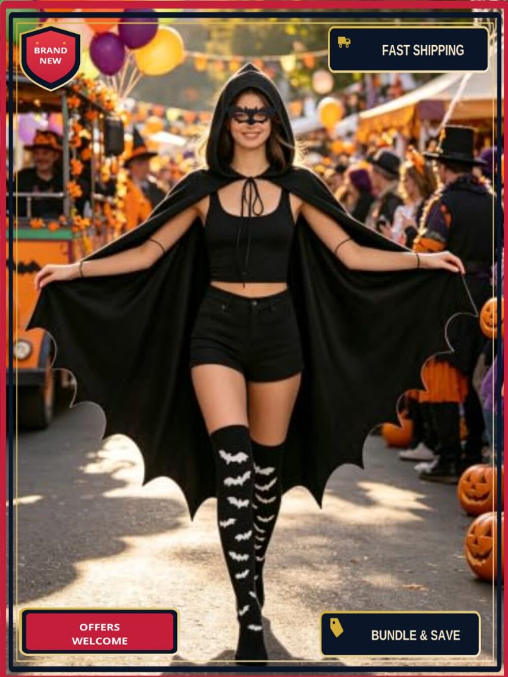 Bat Halloween Costume Set Wings Cloak Mask Headband Tights Cosplay - Picture 5 of 6